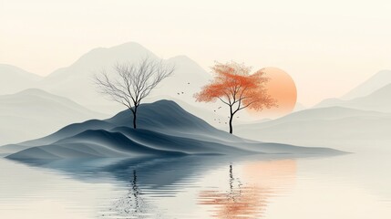 Canvas Print - Serene landscape with two trees reflected in calm water at sunset.