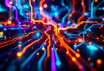 colorful digital circuit paths with glowing neon lines. modern technology background with blue and o