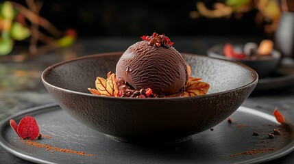 Wall Mural - Gourmet chocolate ice cream scoop served in a dark bowl, garnished with cocoa nibs and red leaf decorations.