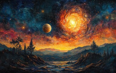 Wall Mural - Surreal Cosmic Dance of Planets with Bright Star and Nebulae