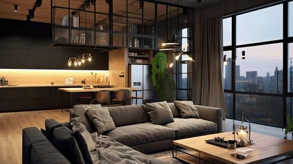 Poster - Comfortable sofa and modern kitchen in an open plan apartment with large windows overlooking the cityscape at dusk, creating a cozy and stylish urban living space