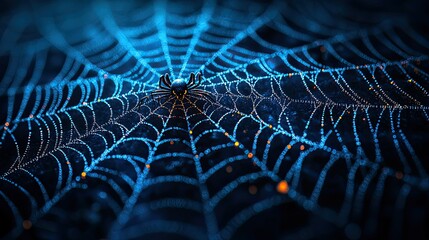 Spider in intricate, glowing blue web at night.