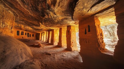 Wall Mural - Ancient sandstone chamber, pillars, carvings, sunlight.