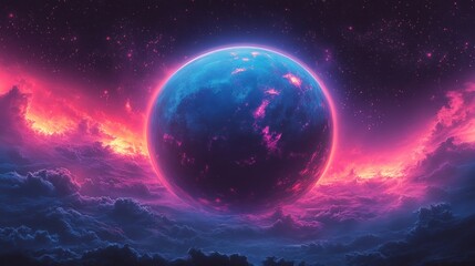 Wall Mural - Neptune Blue Planet Against Starry Background in Cyberpunk Style with Neon Lighting and High Contrast