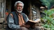 © AnggunArtworks - An elderly man reading a book outside a rustic cabin in a lush, green setting.