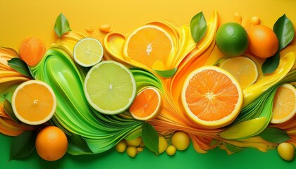 Canvas Print - Vibrant citrus fruits in a swirl of green and yellow.