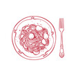© chekiwart - Hand drawn pasta with zucchini on a plate with fork. Italian cuisine illustration in sketch style