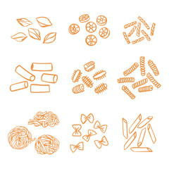 Hand drawn pasta variations set. Different types of Italian pasta