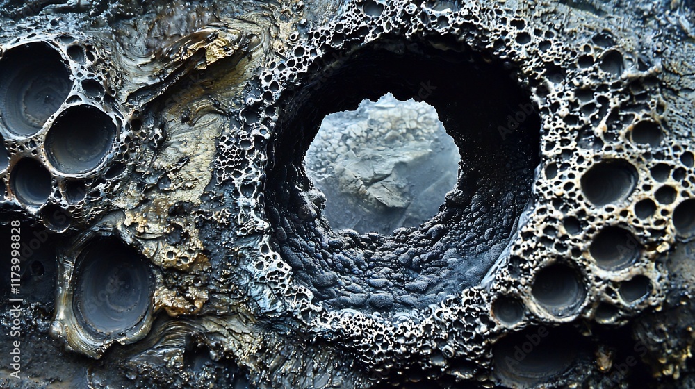 Corcular Rocks Volcanic rock formation with circular hole, showing texture and depth ...
