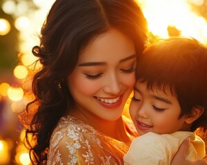 capture the essence of motherhood with this heartwarming image of an asian mom and child sharing a t