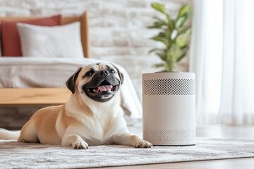 Wall Mural - Happy pug relaxing beside a modern air purifier in a cozy living room setting