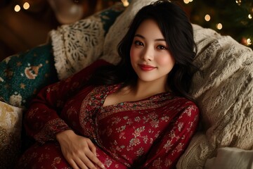 Capture the warmth of anticipation with this cozy image of an Asian pregnant woman at home, expressing expectation and excitement for her new journey, surrounded by soft cushions and festive lights