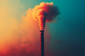 Smoke billows from an industrial chimney at sunset creating a colorful sky in the background