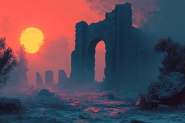 Wall Mural - Majestic ruins glow under a vibrant sunset in a misty landscape with silhouettes of ancient structures