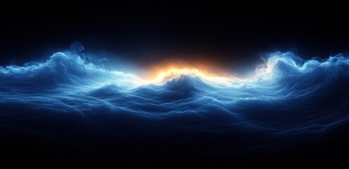 Poster - Glowing Blue Light Beam Dynamic Abstract Composition on Deep Black Background with Soft Gradients