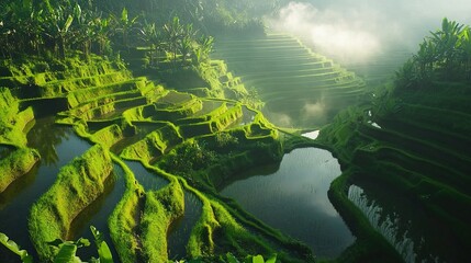 Canvas Print - Green rice terraces with early morning mist, sunlit, and water.