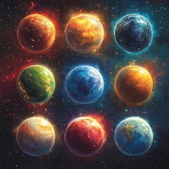 Wall Mural - Vibrant Space Scene with Nine Diverse Planets and Dramatic Lighting Effects