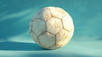 A soccer ball in the goal against a blue background, with a metal ball also on a blue background, depicted in 3D rendering