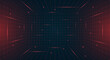© Azat Valeev - Futuristic HUD grid box featuring abstract wireframe design. Red dotted grid lines on dark blue background. Virtual reality landscape inspired retro 80s 90s digital aesthetic for modern nostalgic look