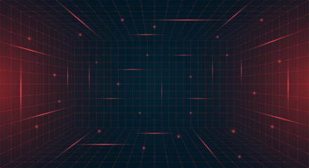 Futuristic HUD grid box featuring abstract wireframe design. Red dotted grid lines on dark blue background. Virtual reality landscape inspired retro 80s 90s digital aesthetic for modern nostalgic look