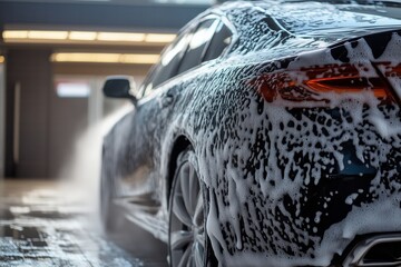 modern stylish car in foam on a car wash on dark background with copy space. car care banner with place for text minimalism. no people. self-service car wash