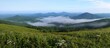 © Galaxyd - Misty mountains view from grassy hilltop, peaceful.