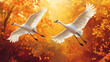 © Thiago - Beautiful white cranes soaring through vibrant autumn foliage. Candescent. Illustration