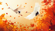 © Thiago - Beautiful white cranes soaring through vibrant autumn foliage. Candescent. Illustration