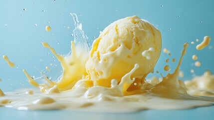 Wall Mural - Vanilla ice cream scoop splashing into creamy liquid. (1)