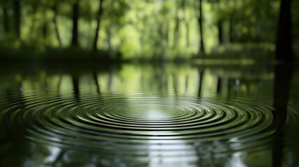 Wall Mural - Concentric ripples on calm water reflecting forest.