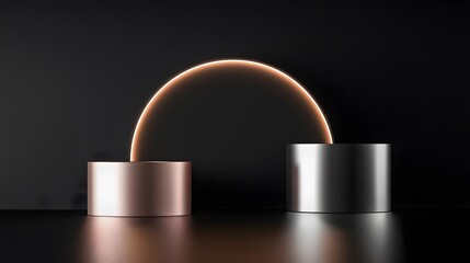 A 3D podium background featuring black, silver, and pink gold cylinders with semi-circle neon lighting, creating an abstract luxury scene for product display and stage showcase with a geometric form