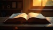 © Katherina - Glowing book sitting on a dark desk surrounded by warm golden light , soft light, dark background