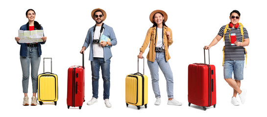 happy tourists with travel items on white background, collage