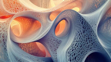 Wall Mural - Abstract swirling 3D organic forms with holes and warm-cool color gradient.