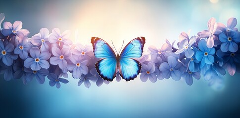 Poster - A scene of wild light blue flowers in a field and two fluttering butterflies in nature outdoors, presented in a close-up macro shot. This magic artistic image boasts a palette of blue and purple