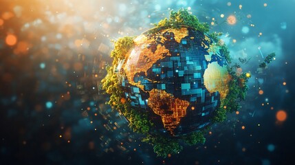 Wall Mural - Digital Earth with lush green vegetation and technological elements.