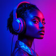 © Gonzalo - Young African American woman wearing headphones listening to music and dancing in futuristic purple cyberpunk neon light background