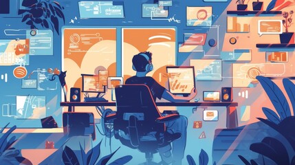 User experience concept featuring pop-up windows and notifications from various programs and applications, highlighting digital interaction and interface design.