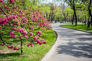 Poster - A serene garden where apple and cherry trees bloom beautifully in white and green.