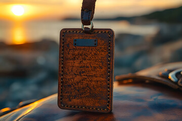 Wall Mural - in warm glow of a summer sunset, a brown wooden leather luggage tag with a vintage charm and a sense