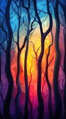 Wall Mural - Enchanted autumnal forest landscape with vibrant sunset sky casting dramatic silhouettes of the bare tree branches against a colorful abstract gradient background  Mystical magical