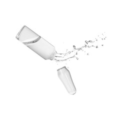 Wall Mural - Open ampoule with splashing liquid in air on white background