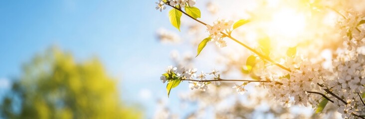 Poster - Springtime features white cherry blossoms framed by a blue sky, with a natural scene captured in soft focus.