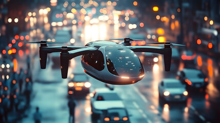 Poster - An electric flying vehicle hovers above congested city streets during twilight, showcasing advanced transport technology.