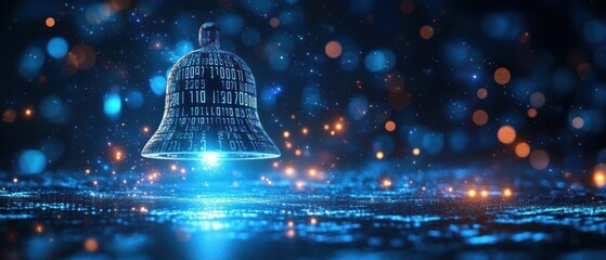 digital notification bell icon with blue binary code, AI communication, event scheduling, personalized alerts, technology innovation, user engagement, productivity enhancement