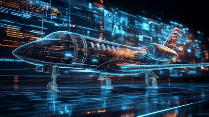 Wall Mural - Wireframe model of private jet on digital background.
