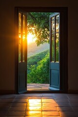 Poster - Open door reveals sunset, lush green hills.