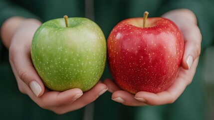 A person holds a green apple in one hand and a red apple in the other, showcasing the contrast between the two fruits.