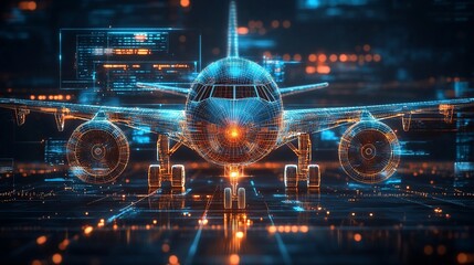 Wall Mural - Futuristic digital airplane on runway.