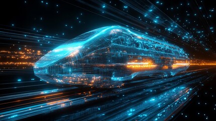 Wall Mural - Futuristic high-speed train moving at light speed.
